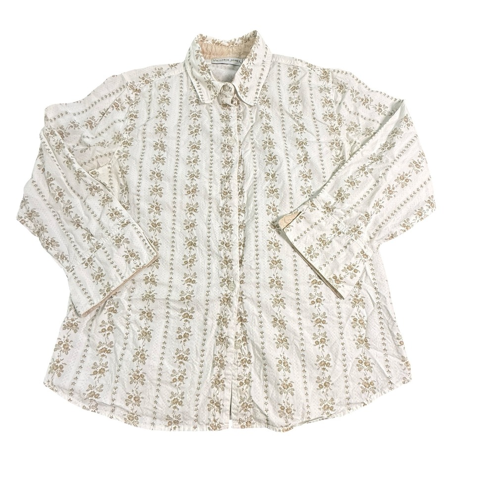 Victoria Jones Button Up Shirt‎ Womens S White Floral Vintage Blouse Cottagecore